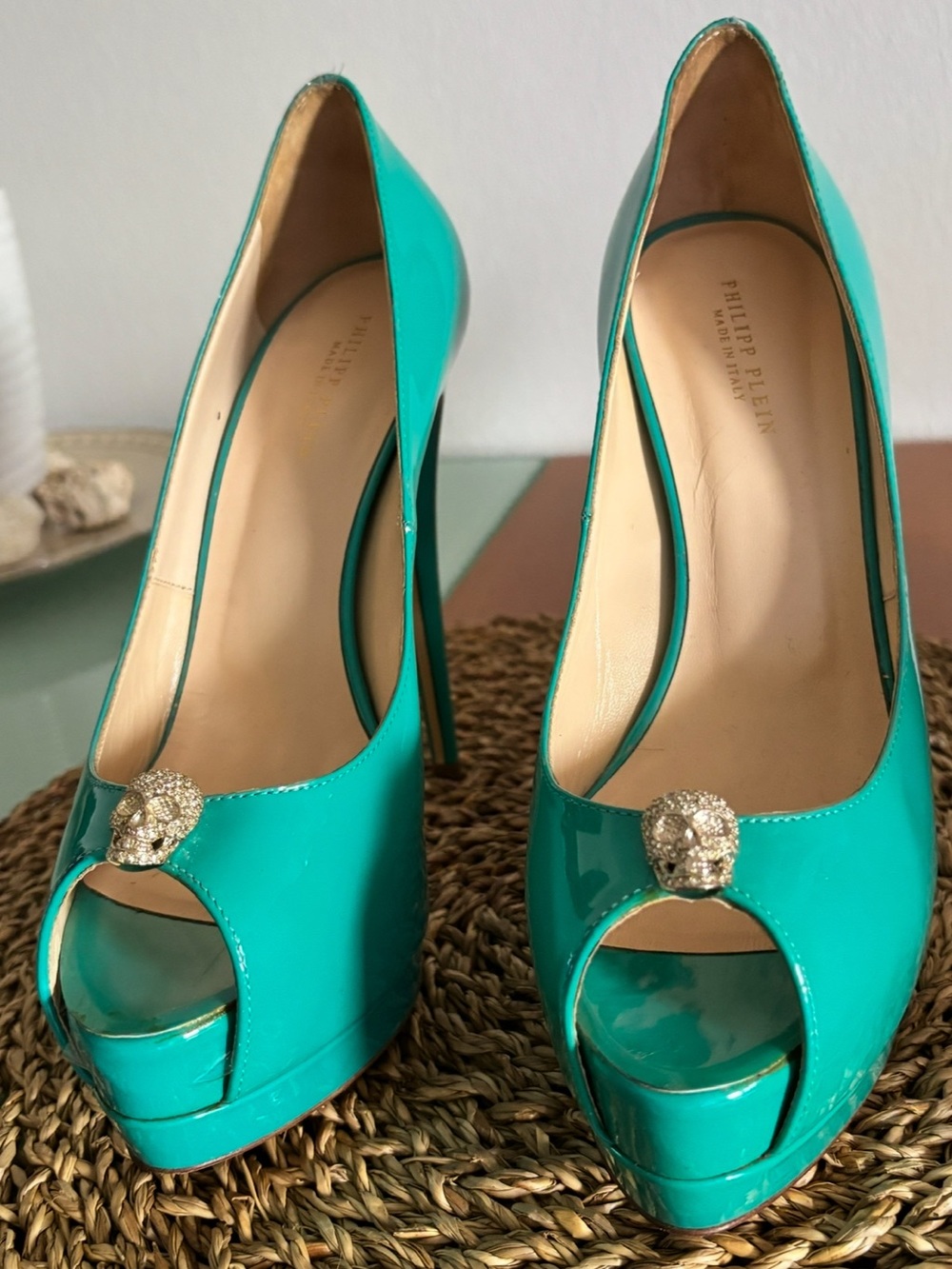 Philipp Plein Teal Patent Leather Peep-Toe Stiletto Heels